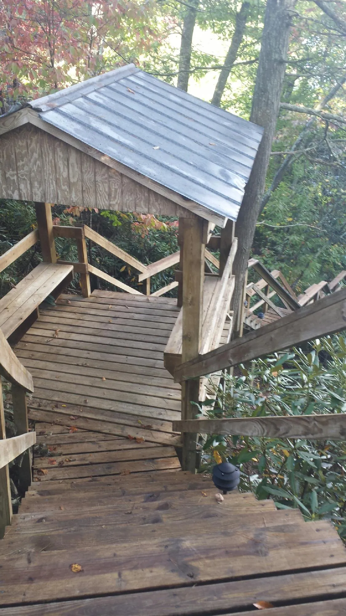Metal roofed shelter over wooden steps on a wooded walkway — Skylight Repair & Installation work by our crew in Mangum